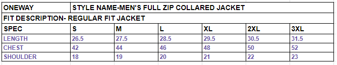 Size chart for Men's Full Zipper Collared Jacket