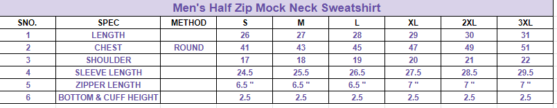 Size chart for Men's Half Zip Mock Neck Sweatshirt