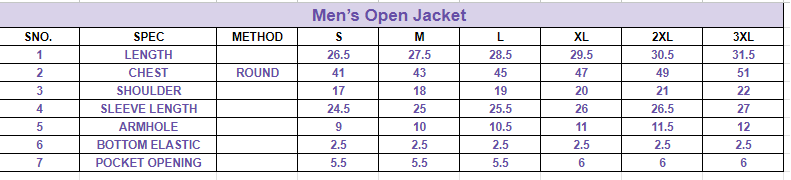 Size chart for Men’s Open Jacket