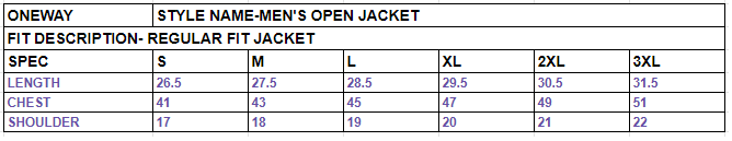 Size chart for Men’s Open Jacket