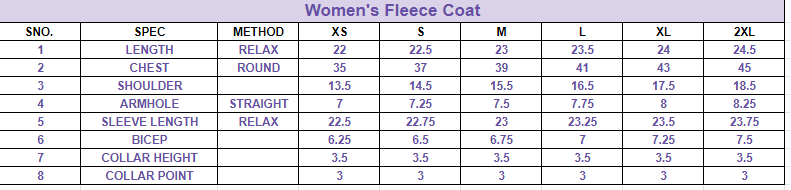 Size chart for Women’s Solid Fleece Button-Down Coat