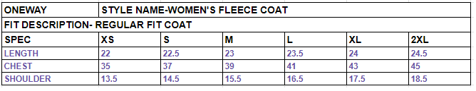 Size chart for Women’s Solid Fleece Button-Down Coat