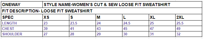 Size chart for Women's Cut and Sew Loose Fit Sweatshirt