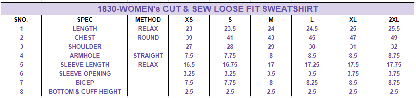 Size chart for Women's Cut and Sew Loose Fit Sweatshirt