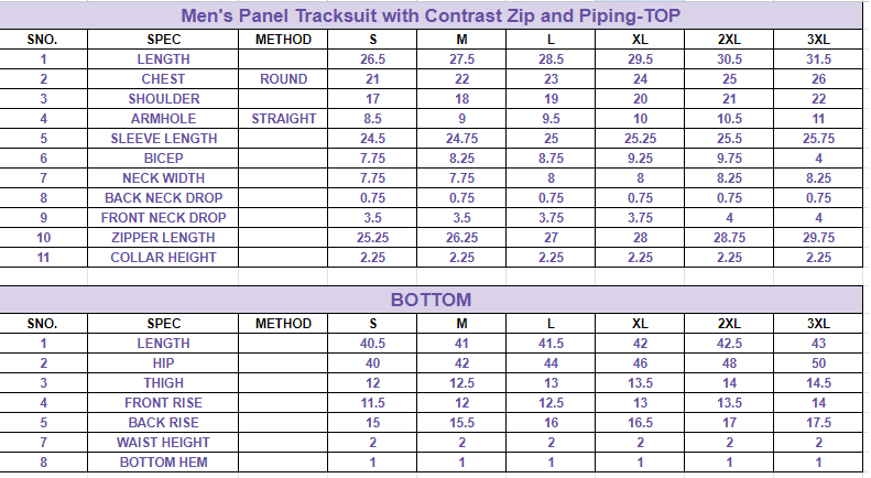 Size chart for Men's Panel Tracksuit with Contrast Zip and Piping
