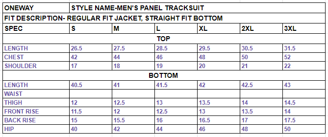 Size chart for Men's Panel Tracksuit