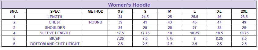 Size chart for Women's Solid Hoodie