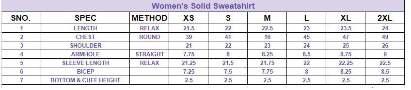 Size chart for Women's Solid Sweatshirt