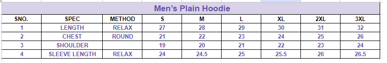 Size chart for Men’s Plain Hoodie