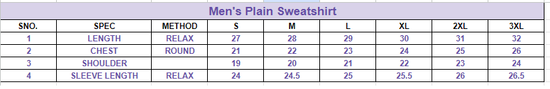 Size chart for Men's Plain Sweatshirt
