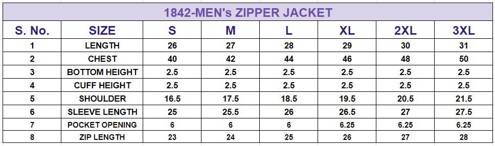 Size chart for Men’s Zipper Jacket