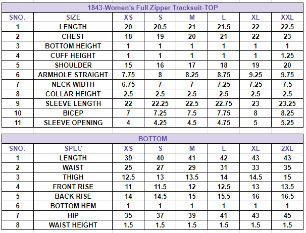 Size chart for Women’s Full Zipper Tracksuit