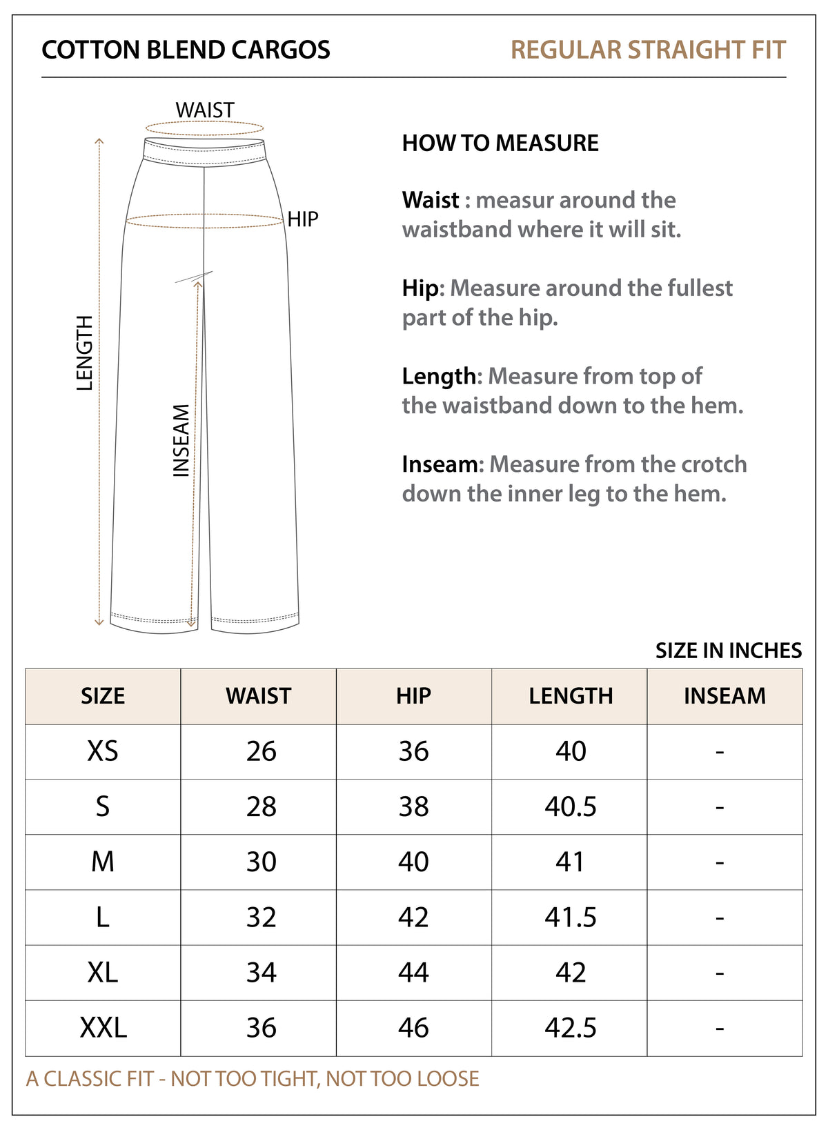Size chart for Cotton Blend Cargos