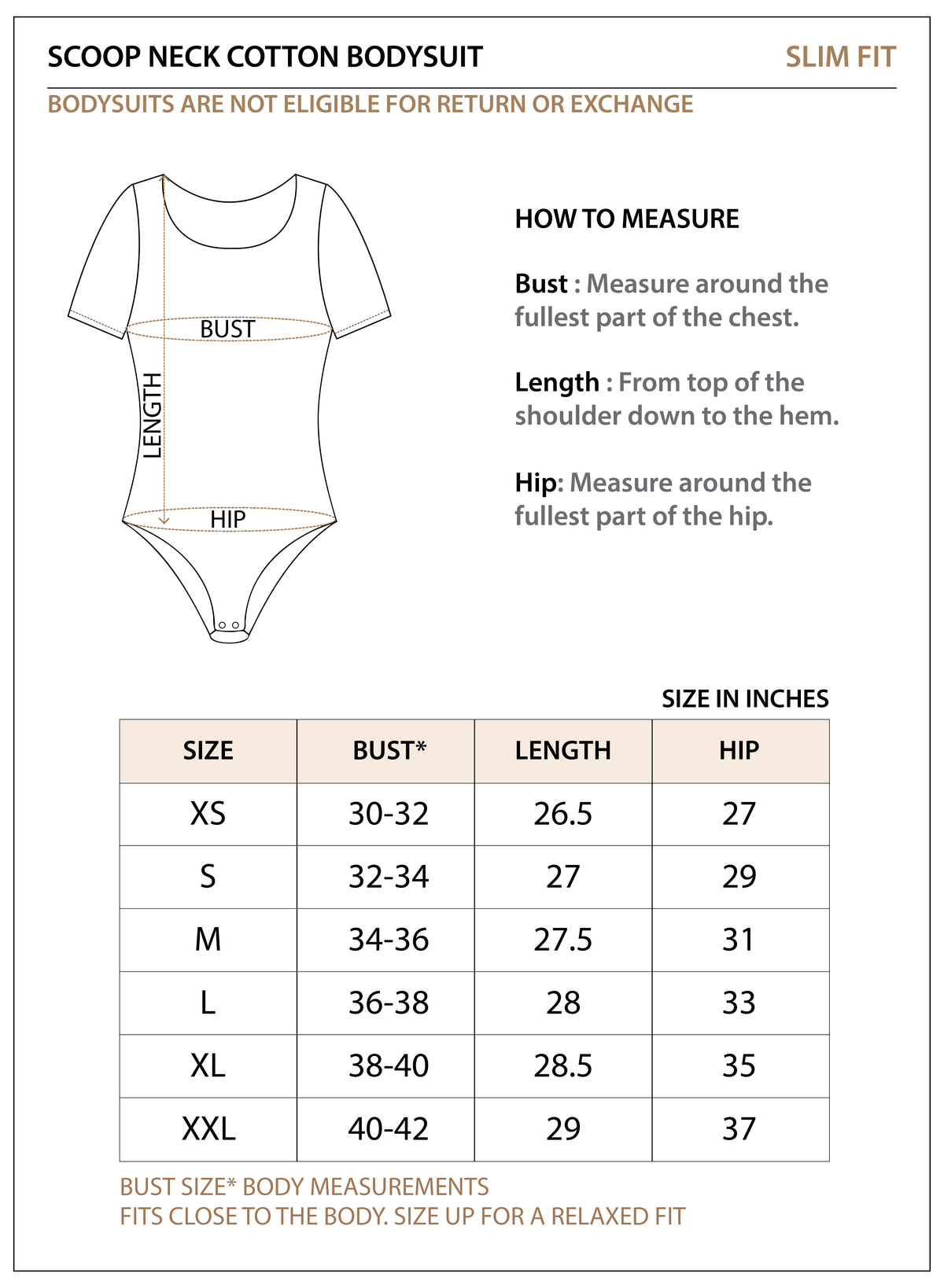 Size chart for Scoop Neck Cotton Bodysuit