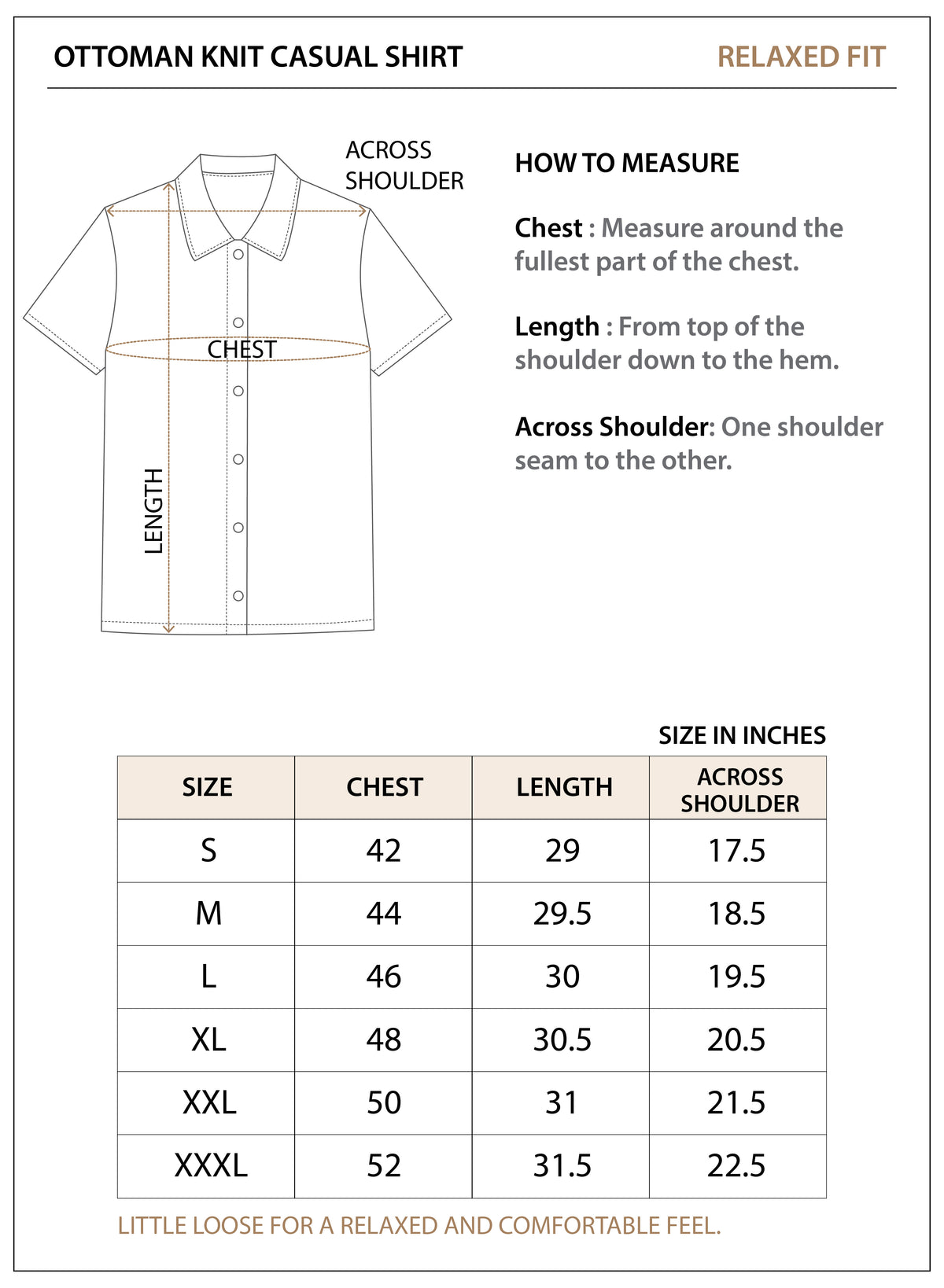 Size chart for Ottoman Knit Casual Shirt