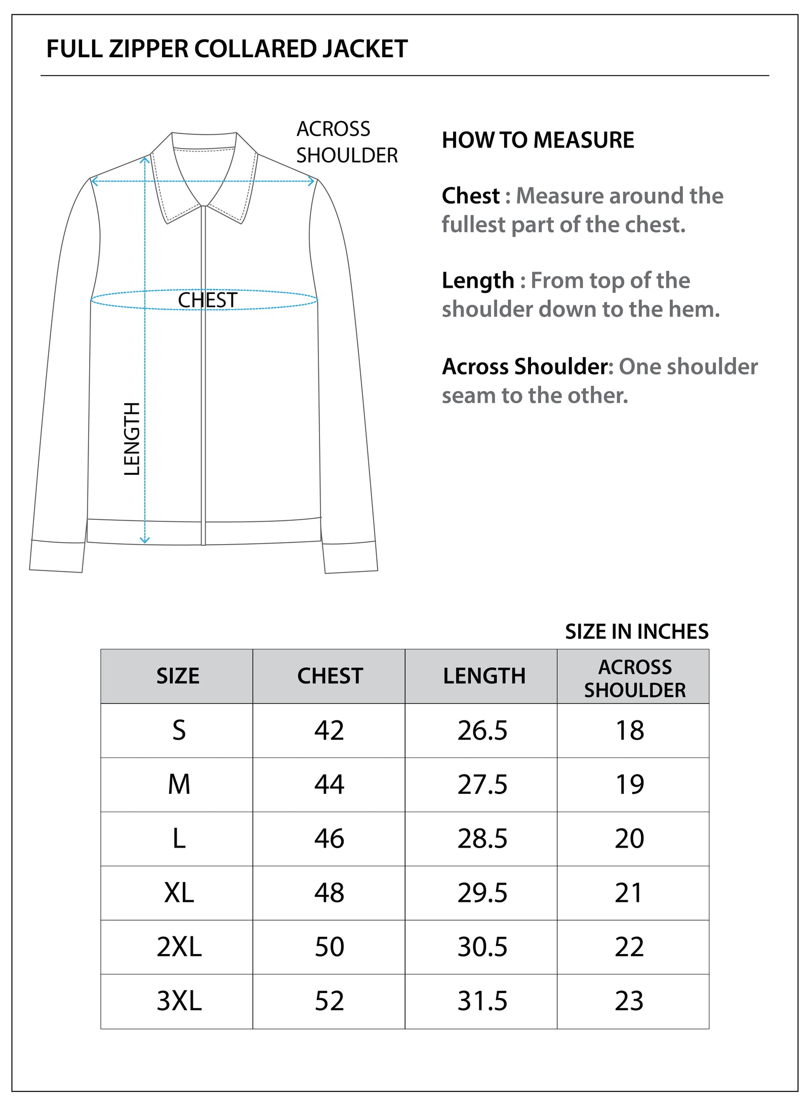Size chart for The Vector Collared Jacket