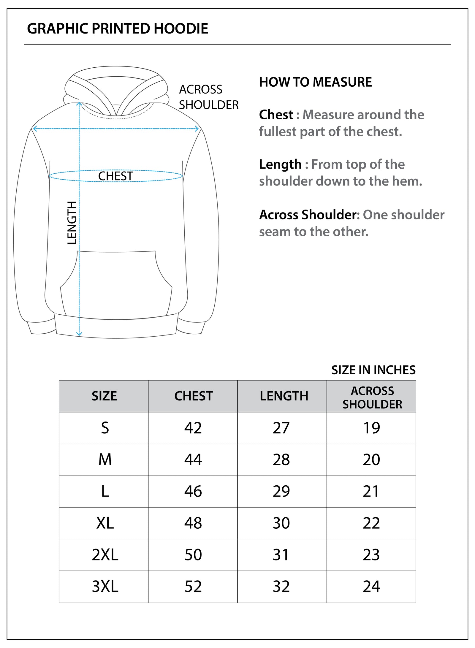 Size chart for Men’s Graphic Printed Hoodie