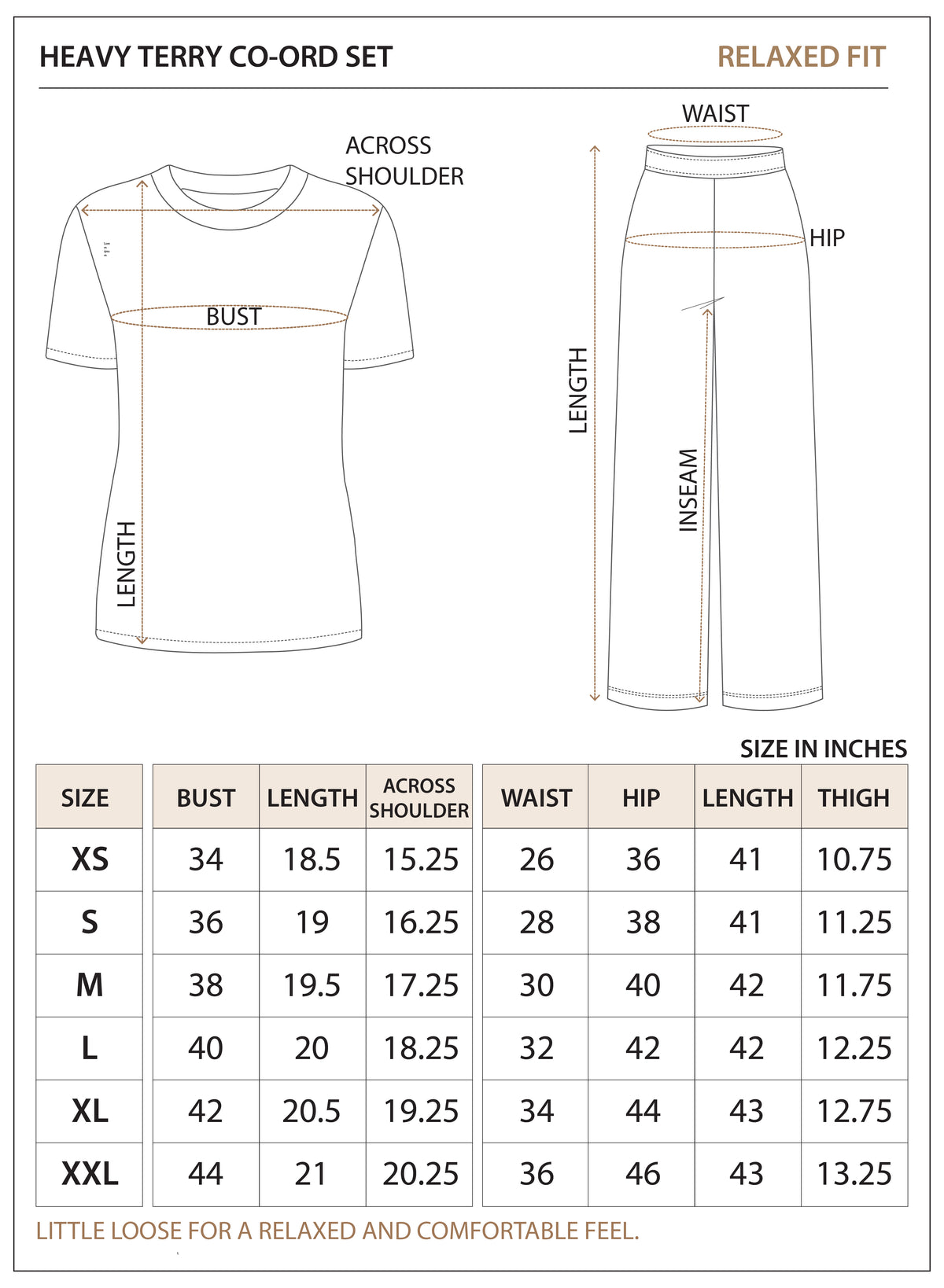 Size chart for Heavy Terry Co-Ord