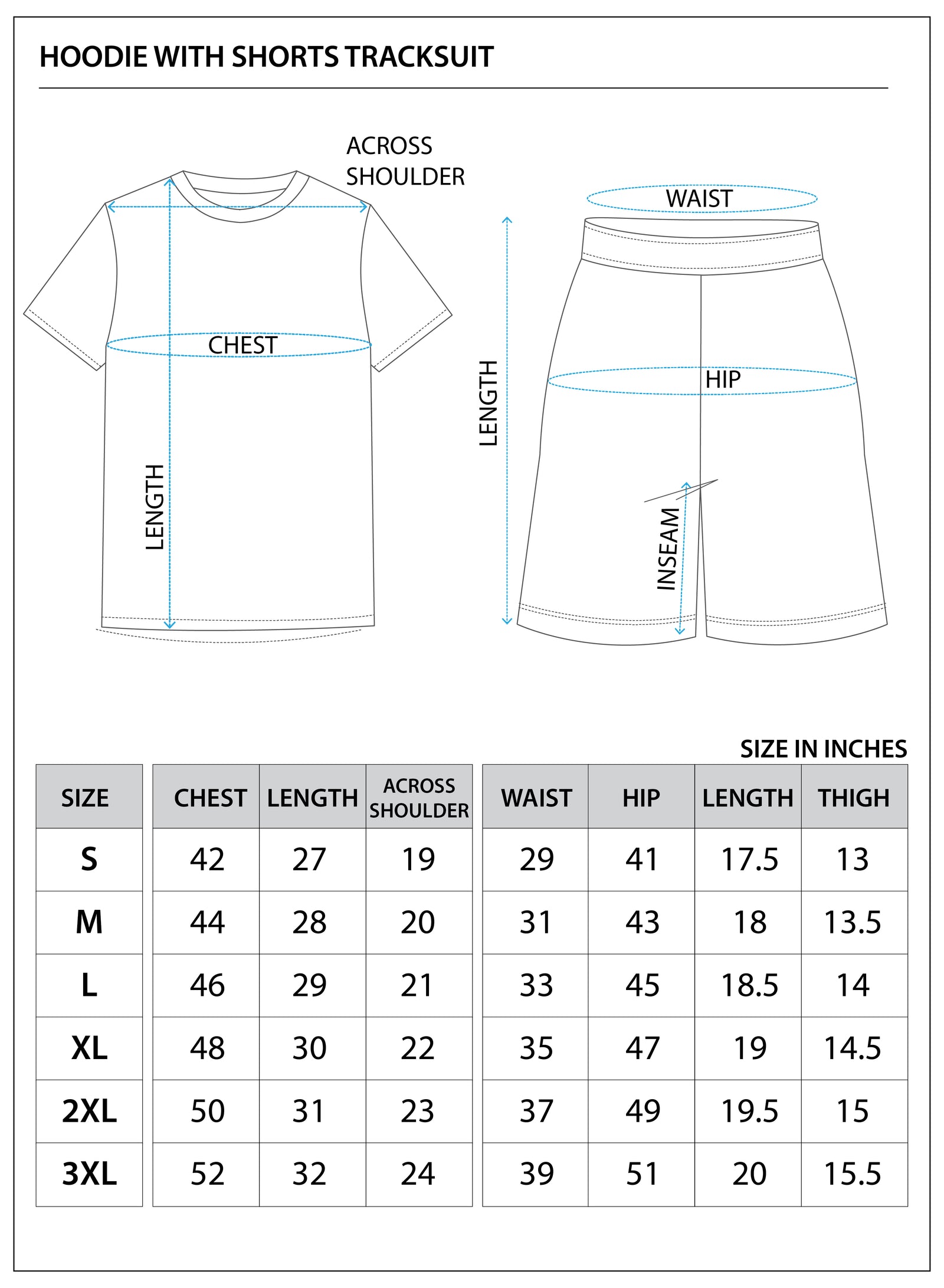 Size chart for Heavyweight Hoodie & Shorts Tracksuit