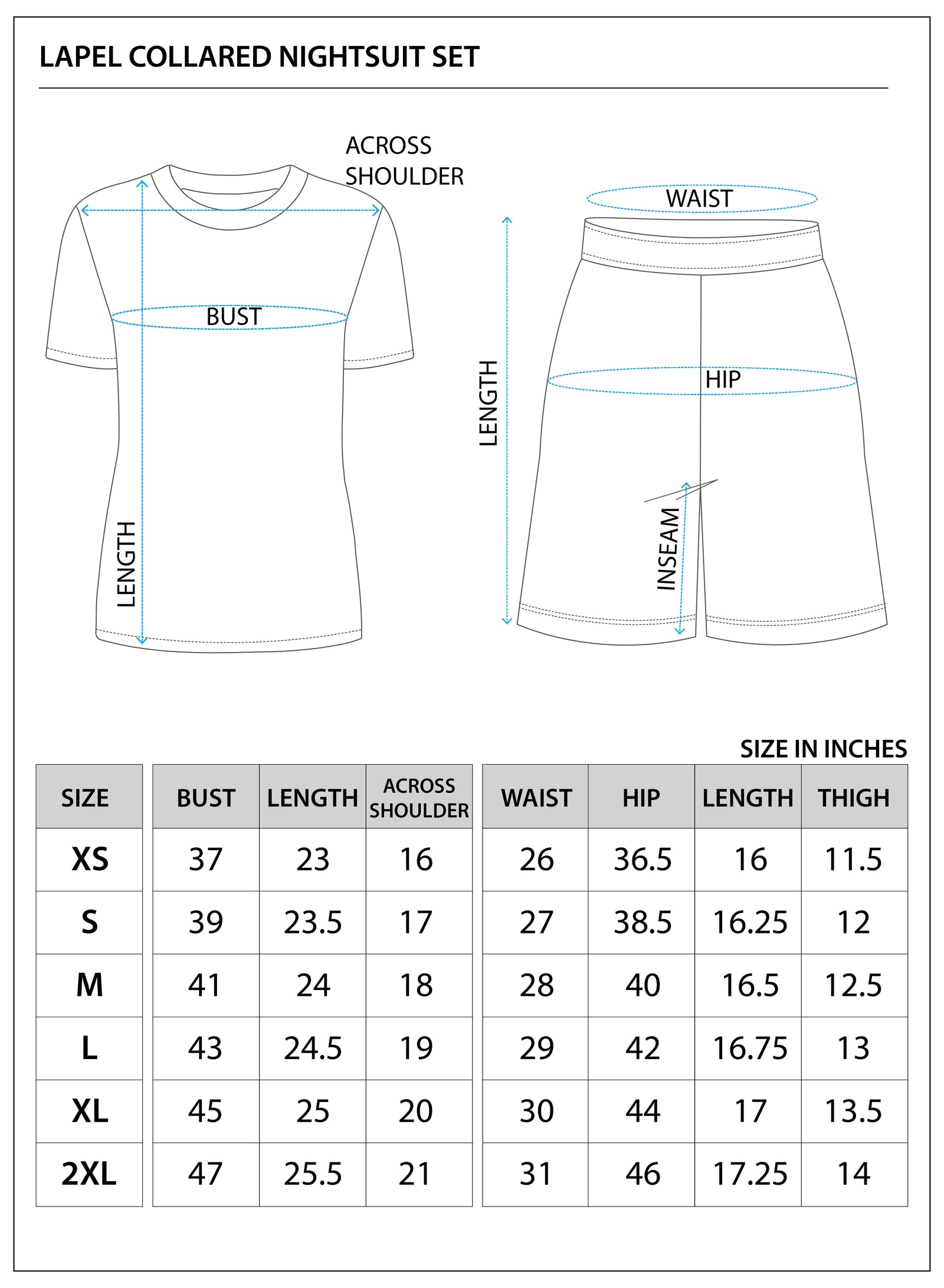 Size chart for COLLARED LAPEL NIGHTSUIT SET
