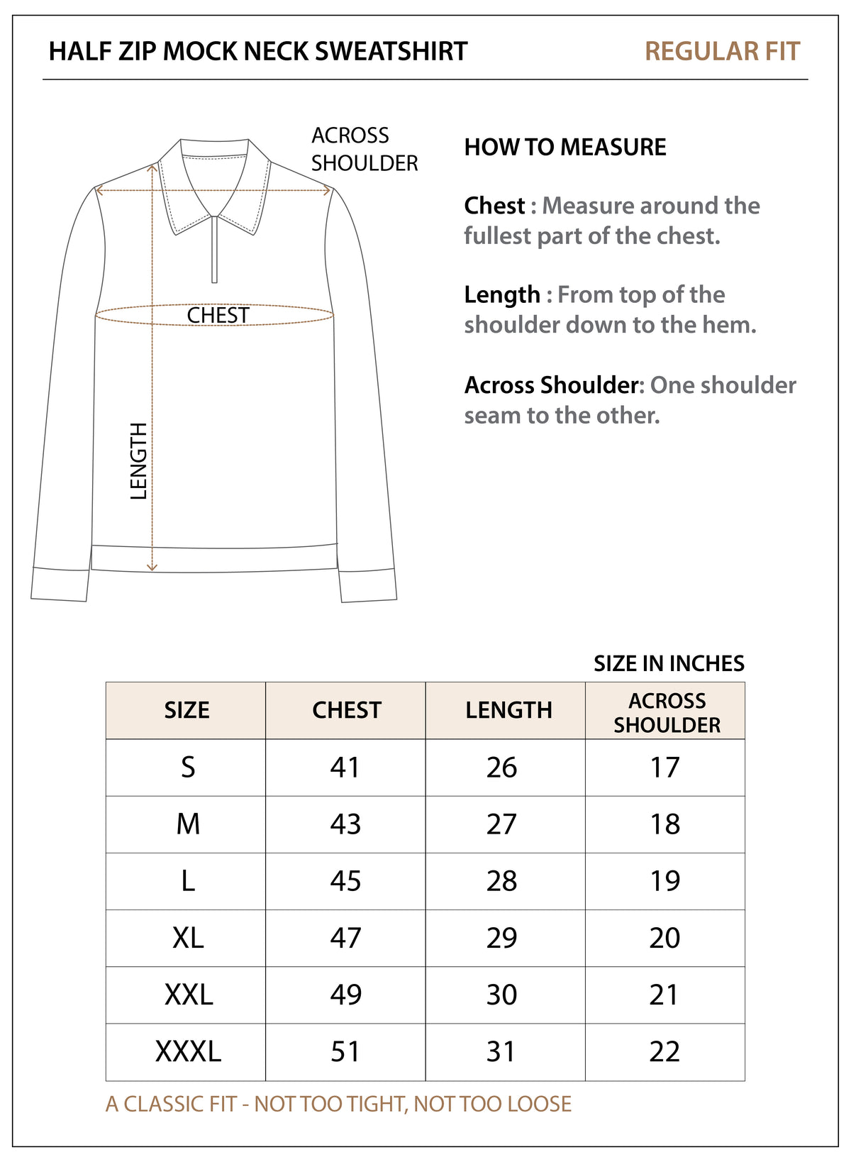 Size chart for Core Half-Zip Sweatshirt