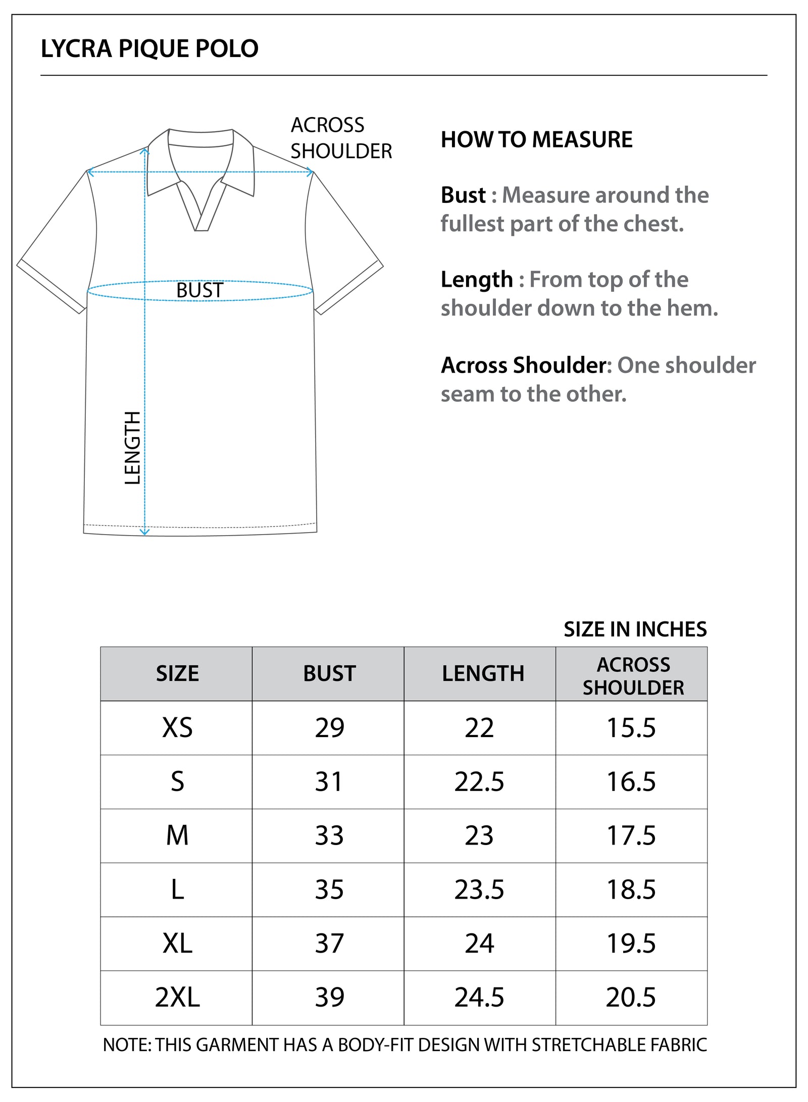 Size chart for LYCRA PIQUE POLO