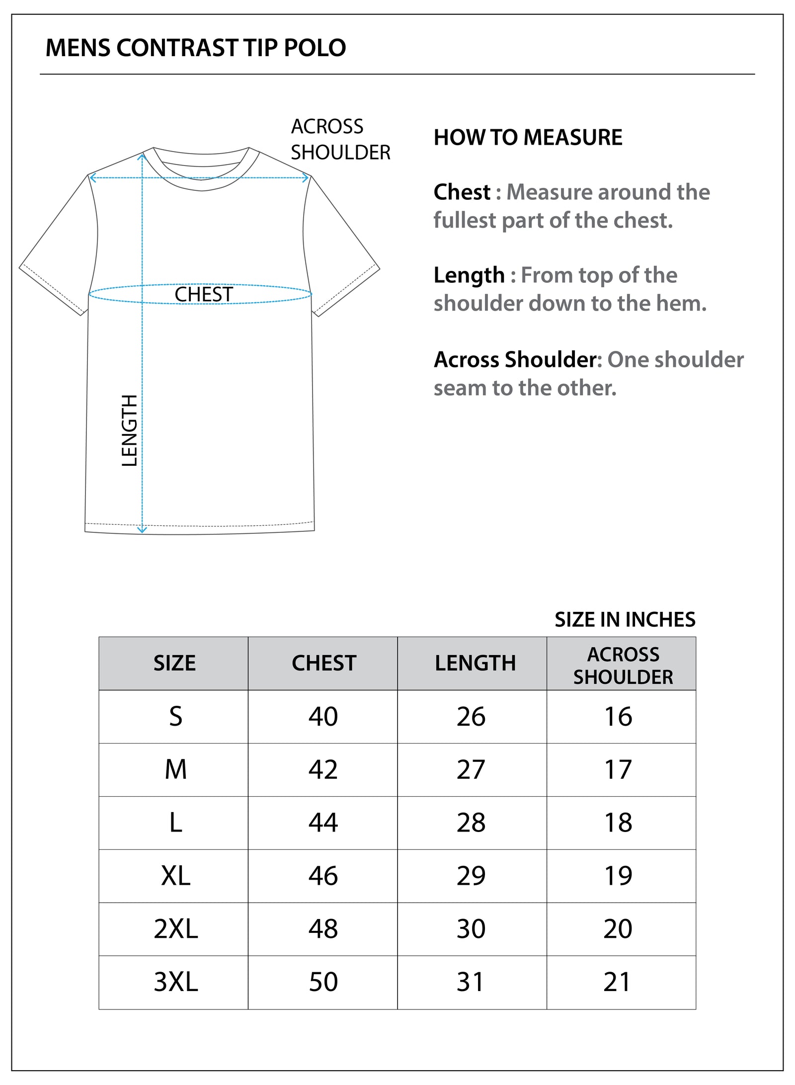 Size chart for Contrast Tip Polo