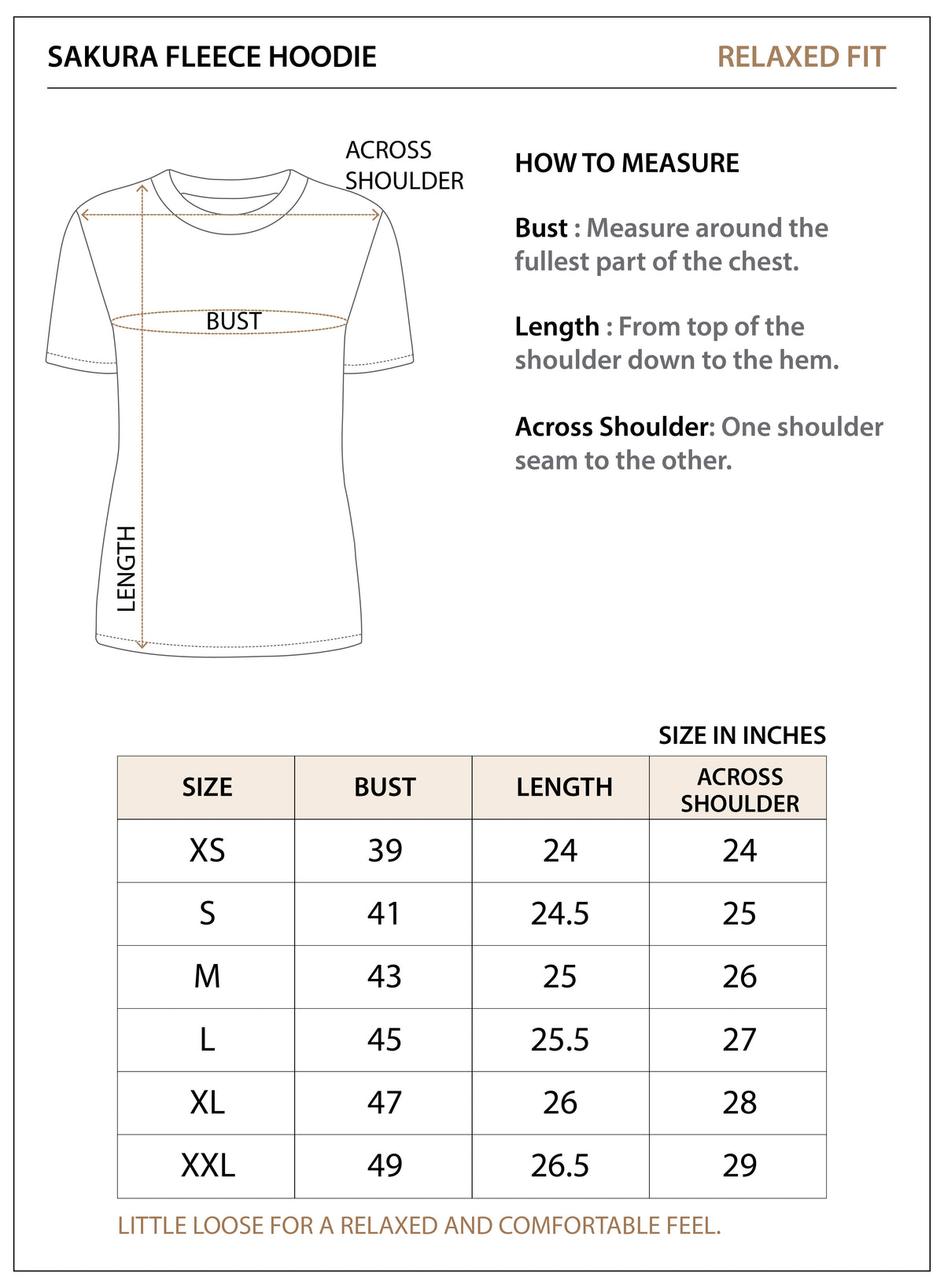 Size chart for The Sakura Fleece Hoodie