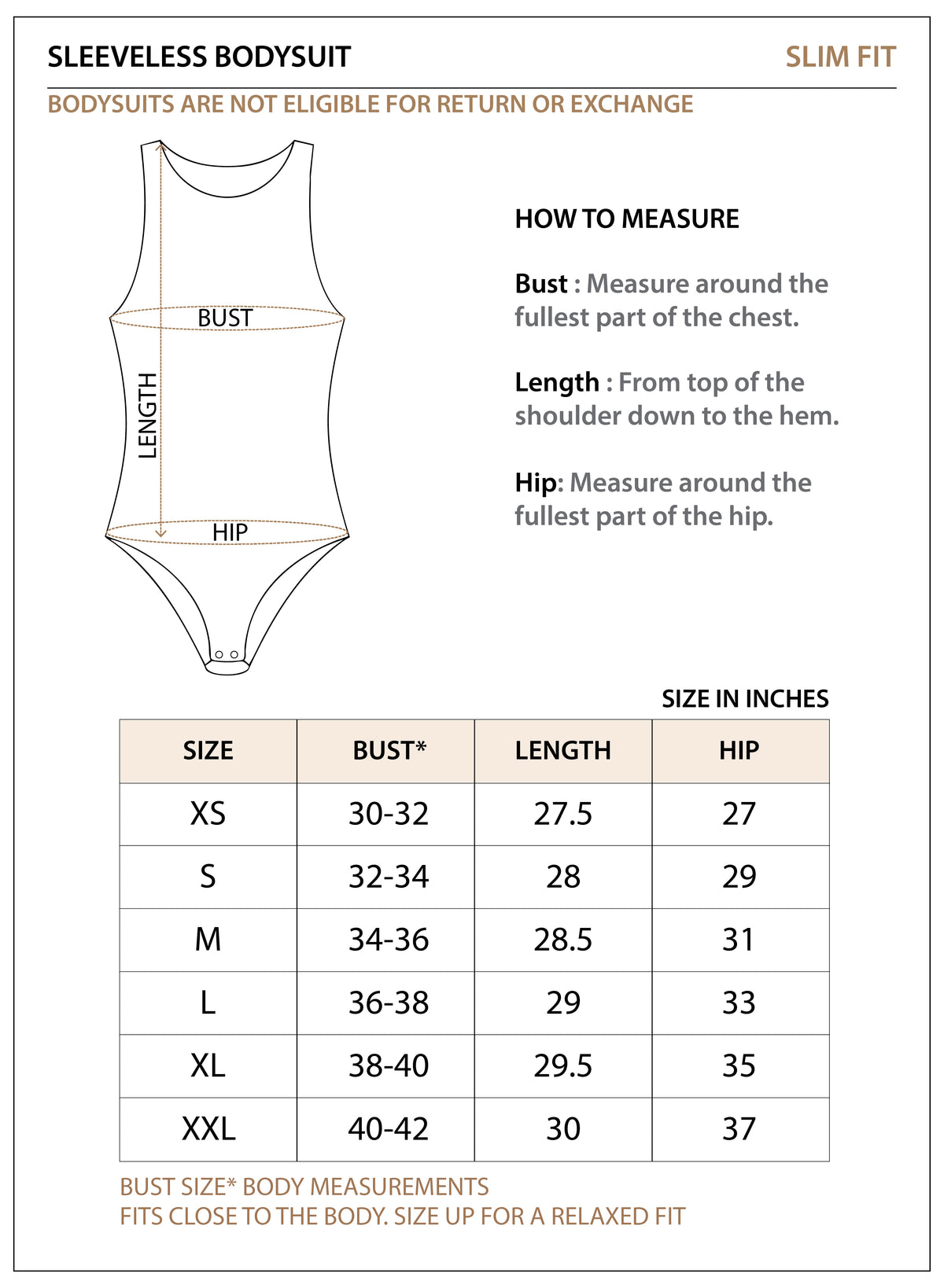 Size chart for Cotton Camisole Bodysuit