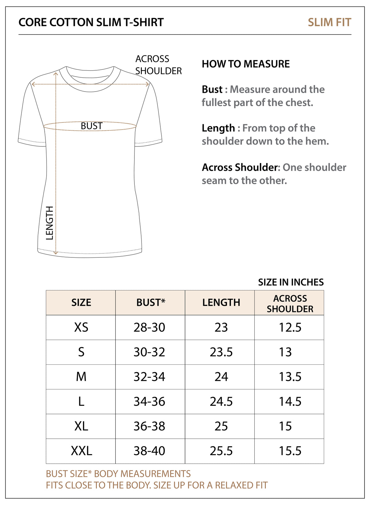 Size chart for Core Cotton Slim Tee