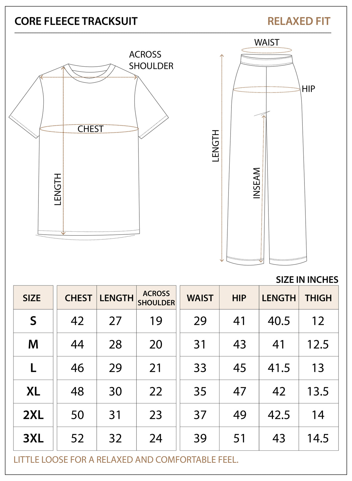 Size chart for Core Fleece Track Suit