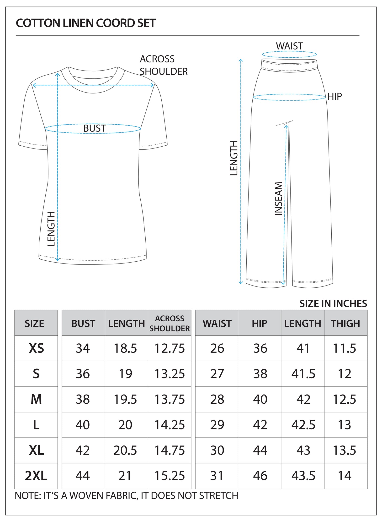 Size chart for COTTON LINEN CO-ORD SET