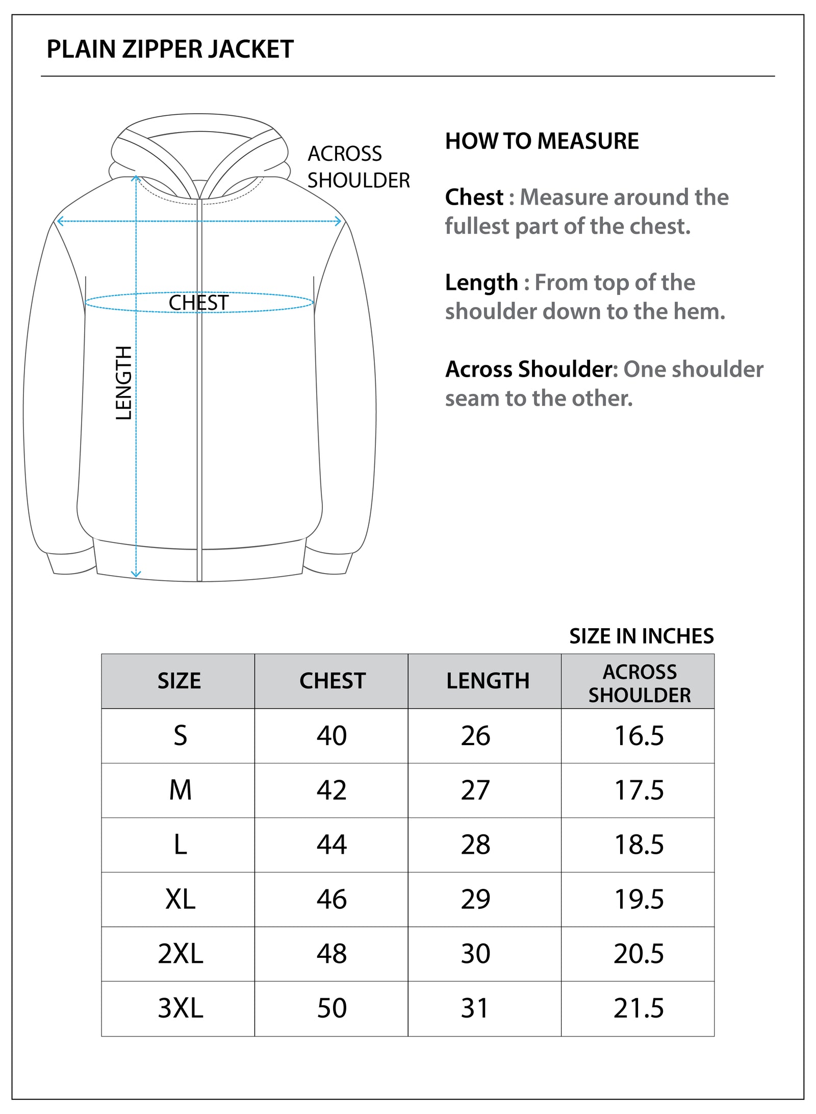 Size chart for Plain Zipper Jacket