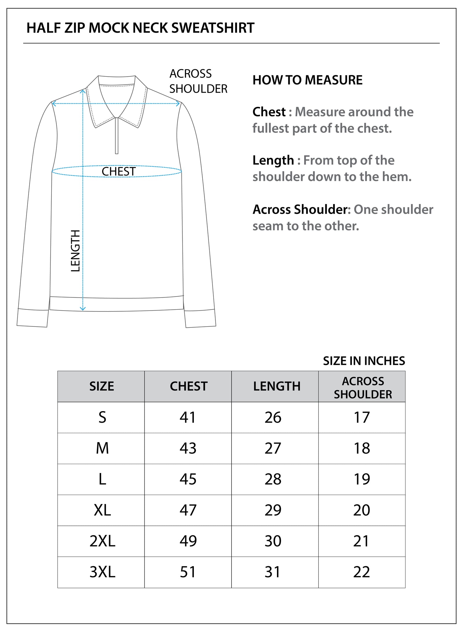 Size chart for Core Half-Zip Sweatshirt