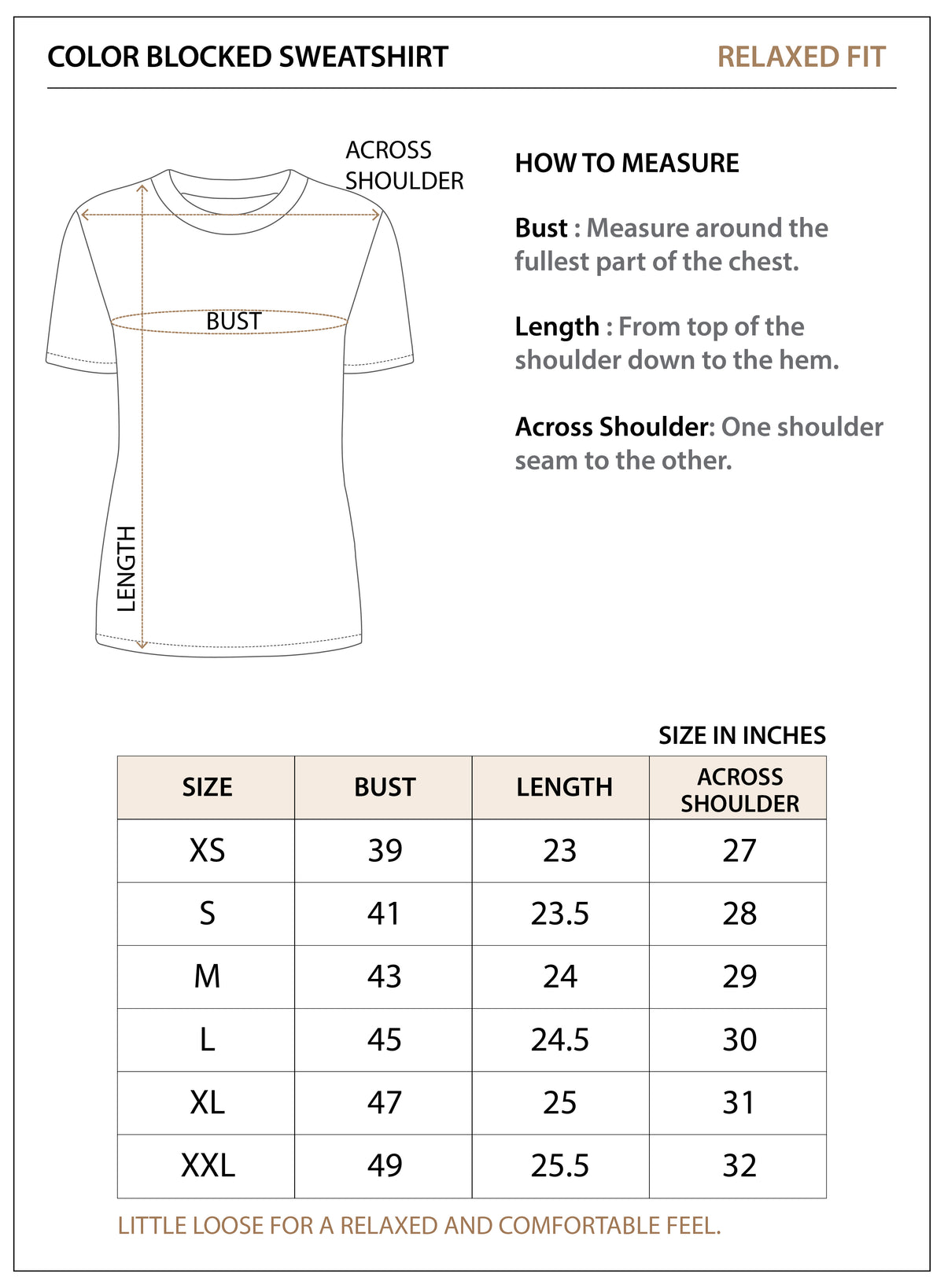 Size chart for Colour Blocked Loose Fit Sweatshirt