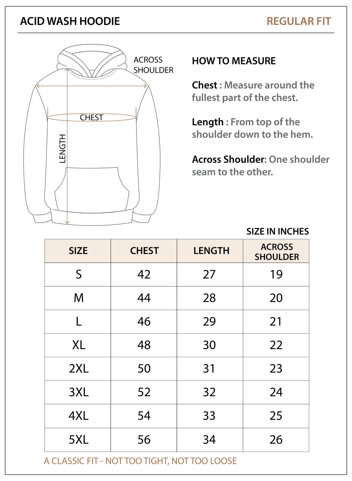 Size chart for Acid Wash Hoodie