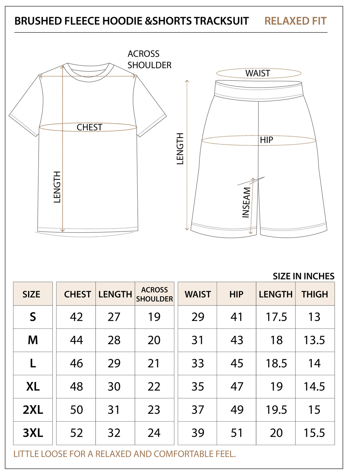 Size chart for Brushed Fleece Hoodie & Shorts Tracksuit