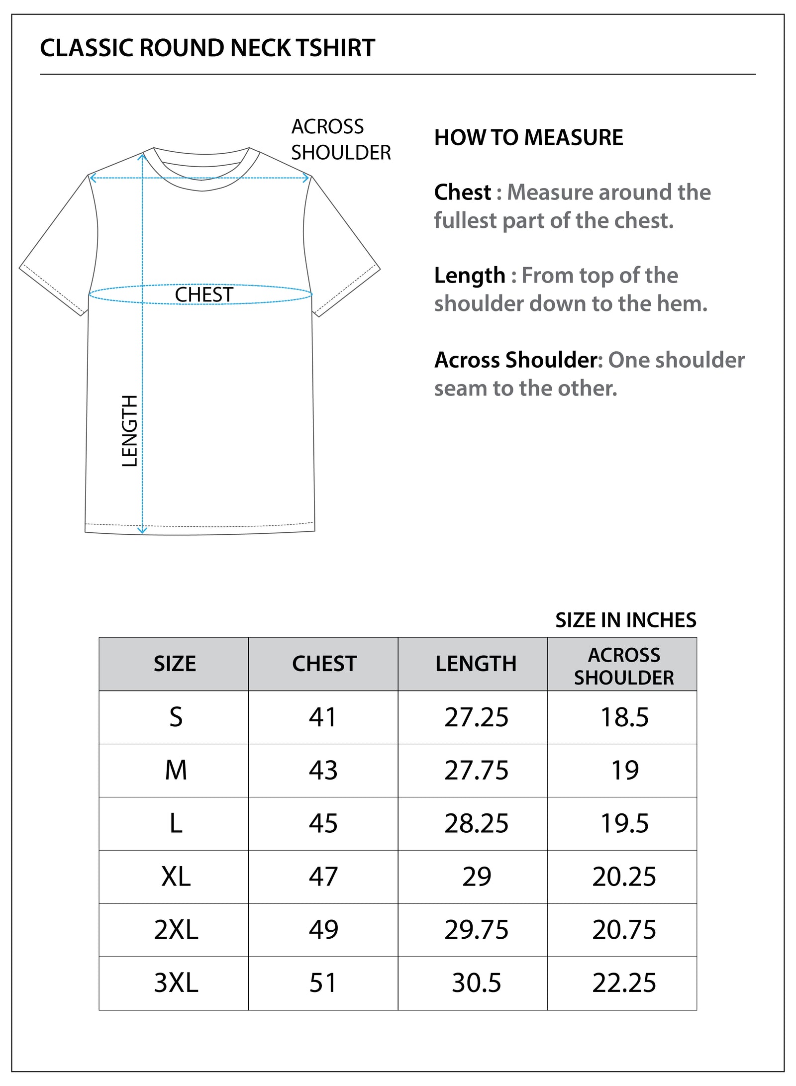Size chart for CLASSIC CREWNECK