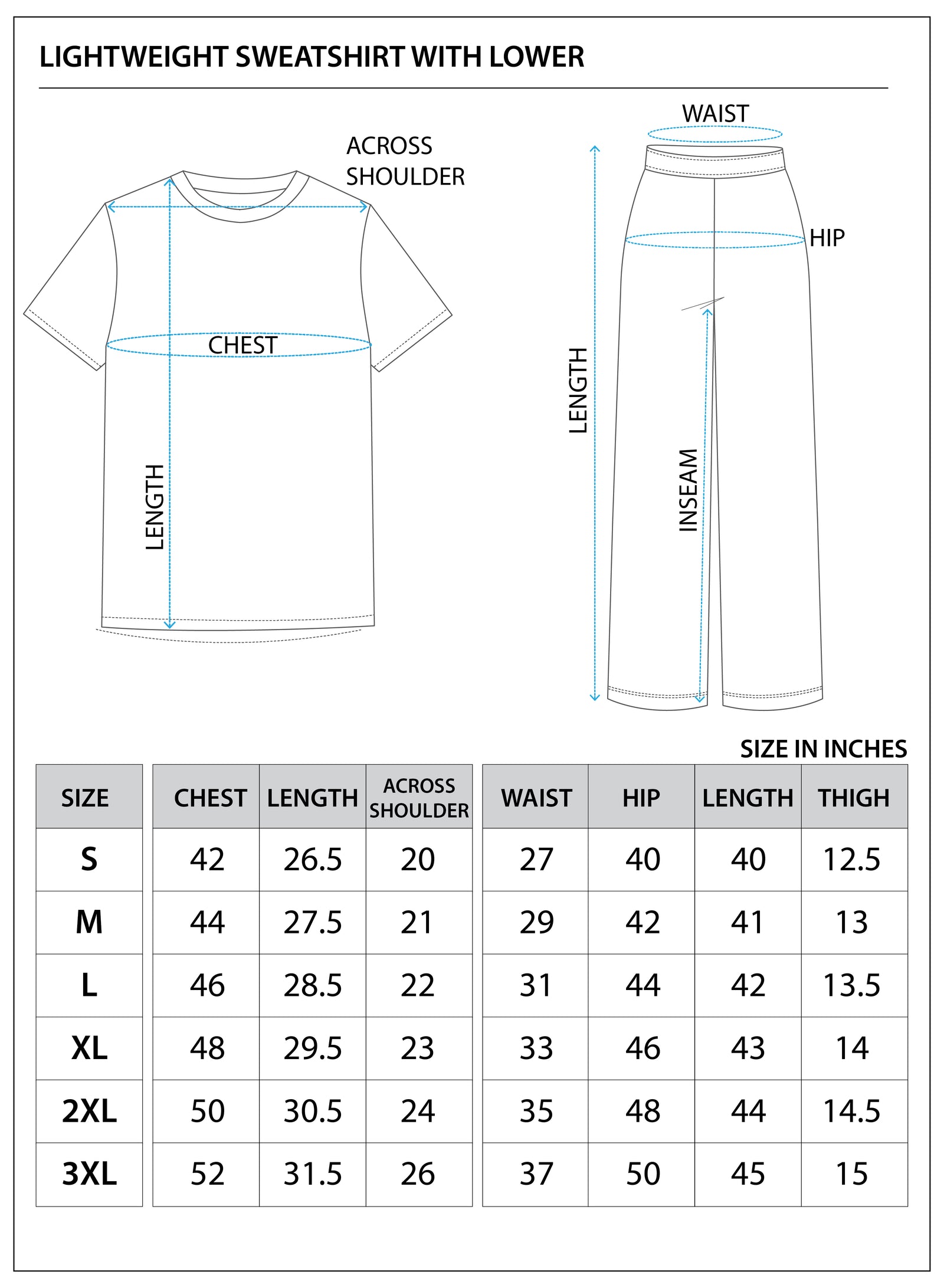 Size chart for Lightweight Sweatshirt with Lower