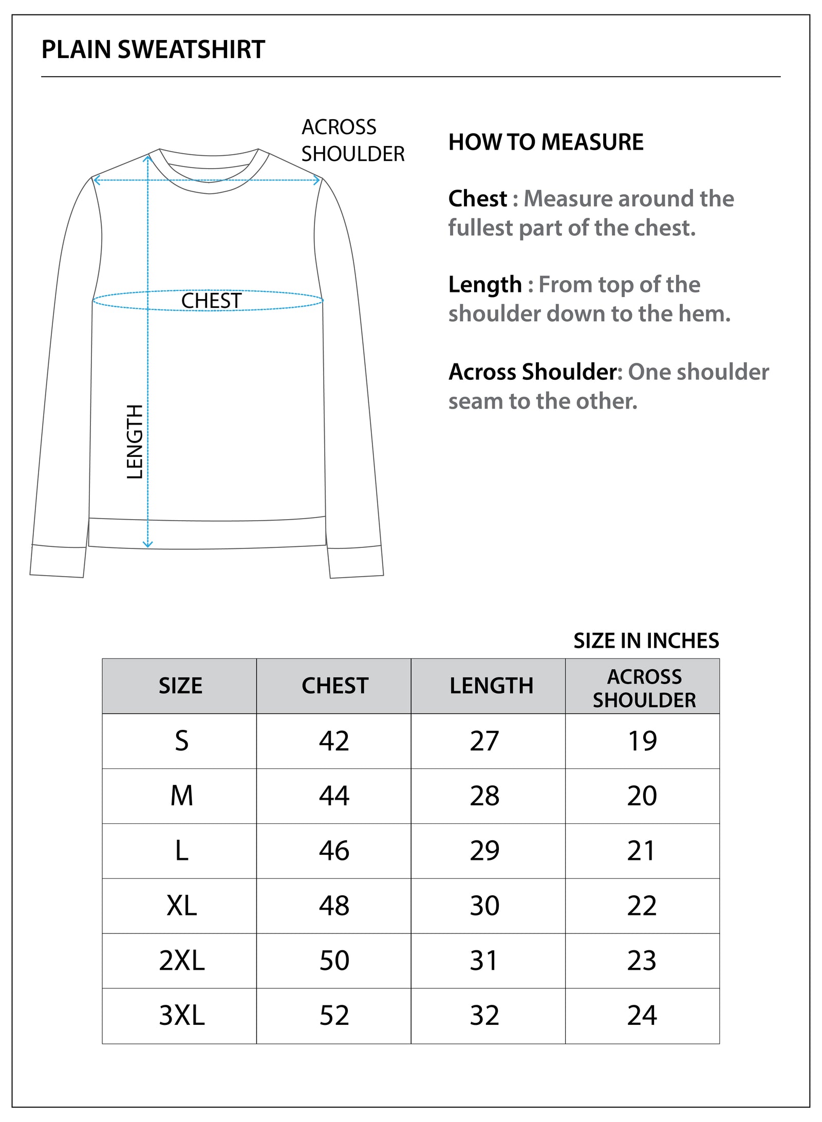 Size chart for Men's Plain Sweatshirt