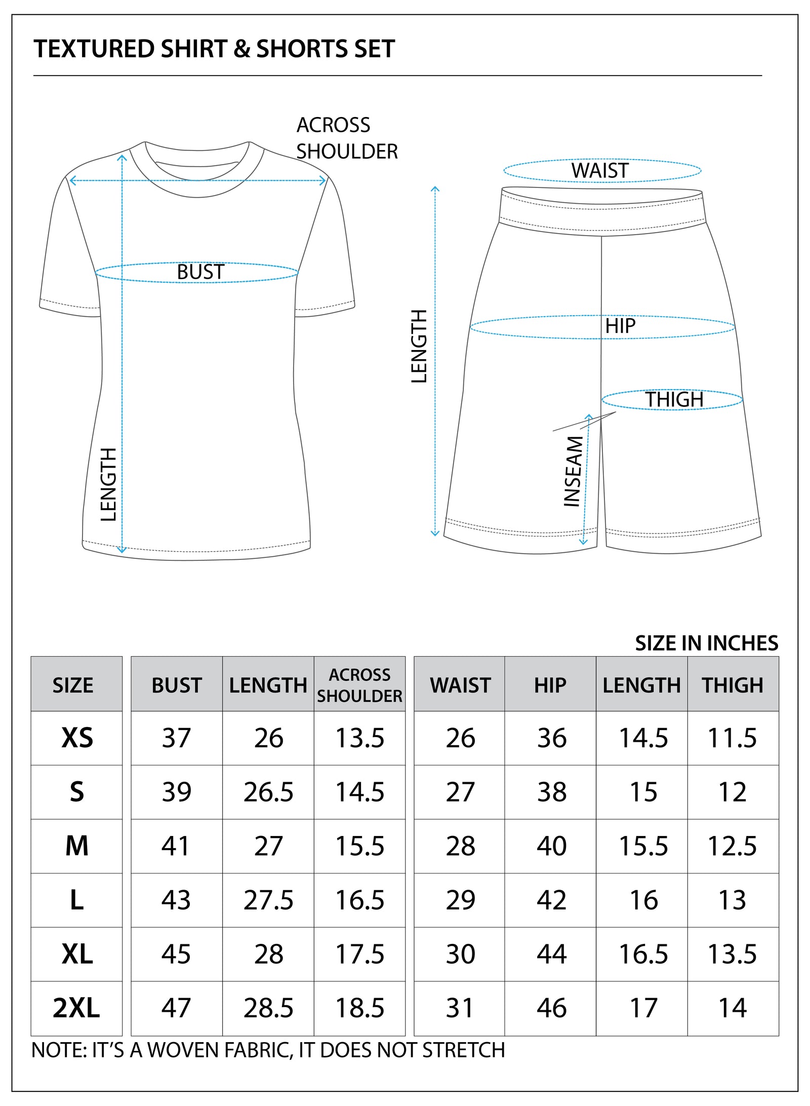 Size chart for TEXTURED SHIRT & SHORTS SET