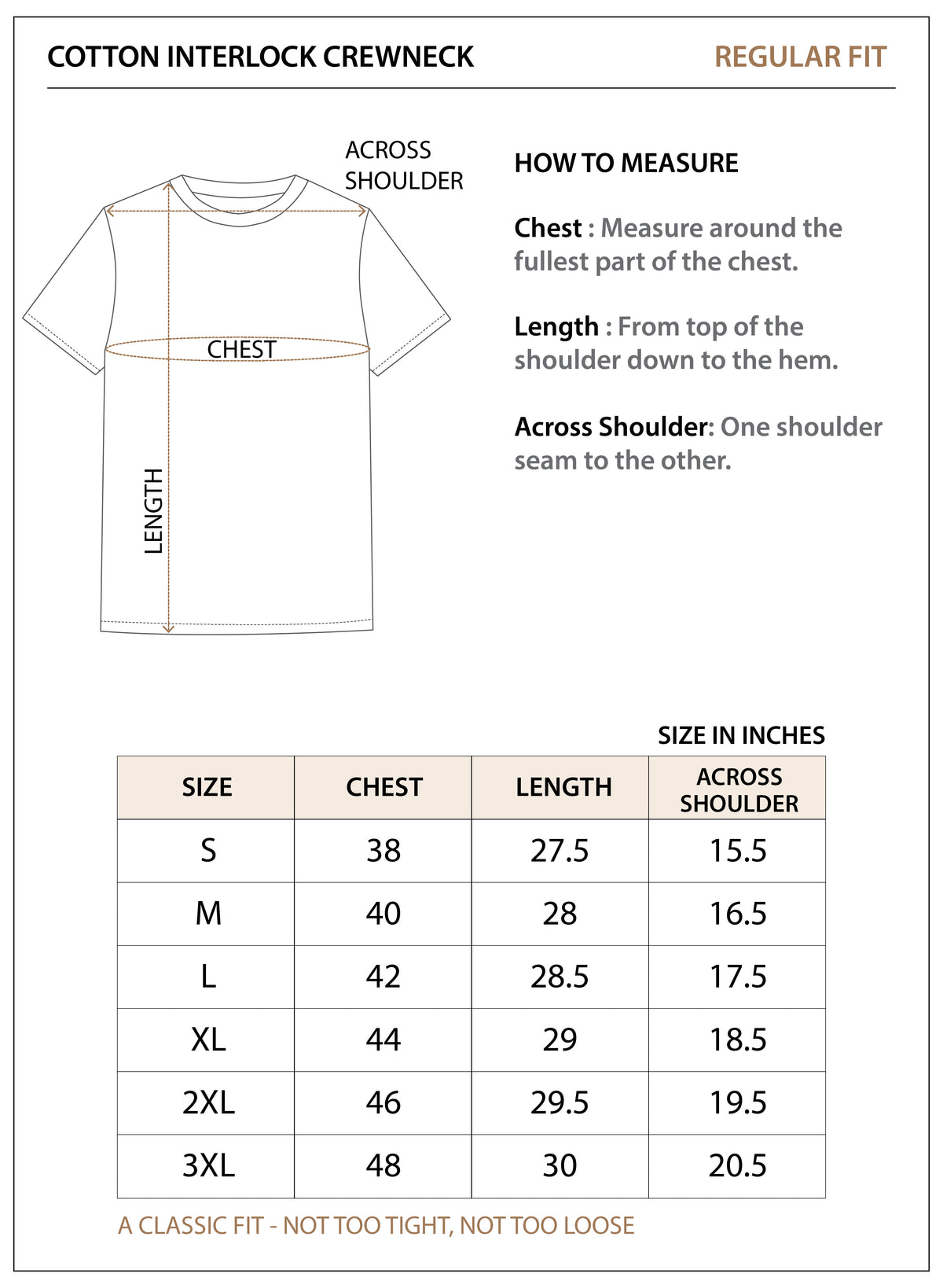 Size chart for Cotton Interlock Crewneck
