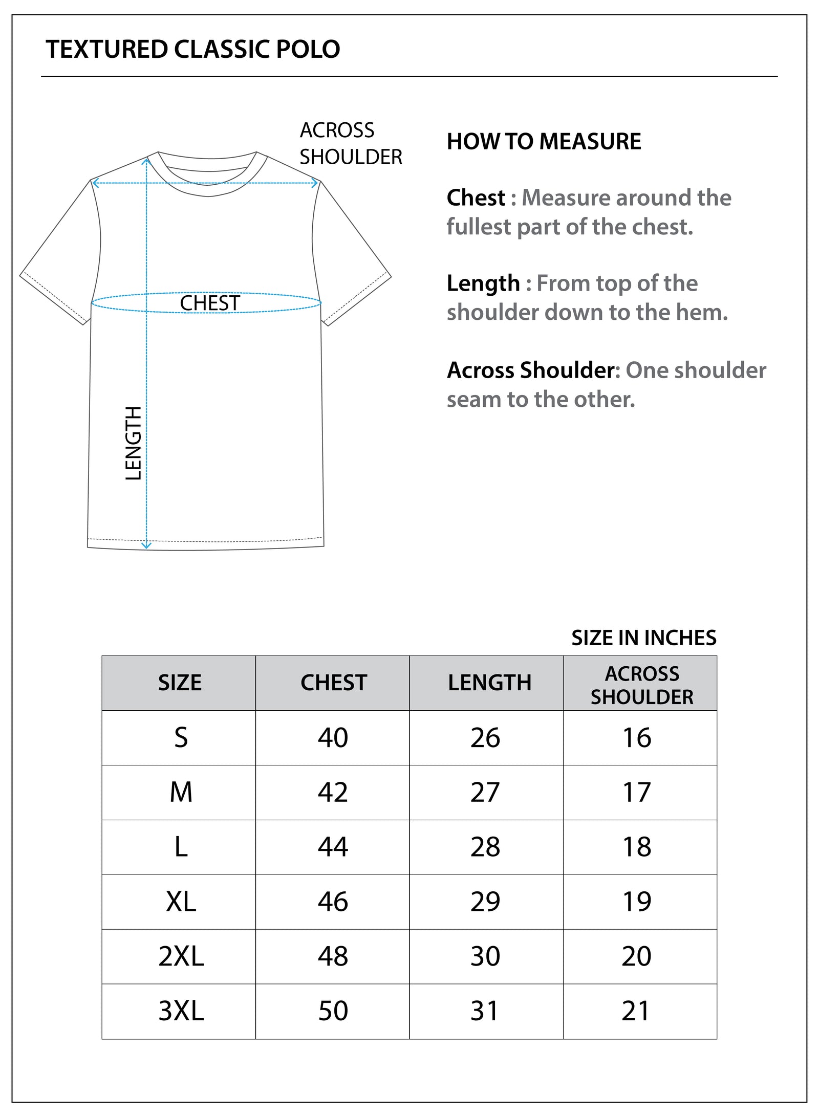 Size chart for Ottoman Texture Cotton Polo