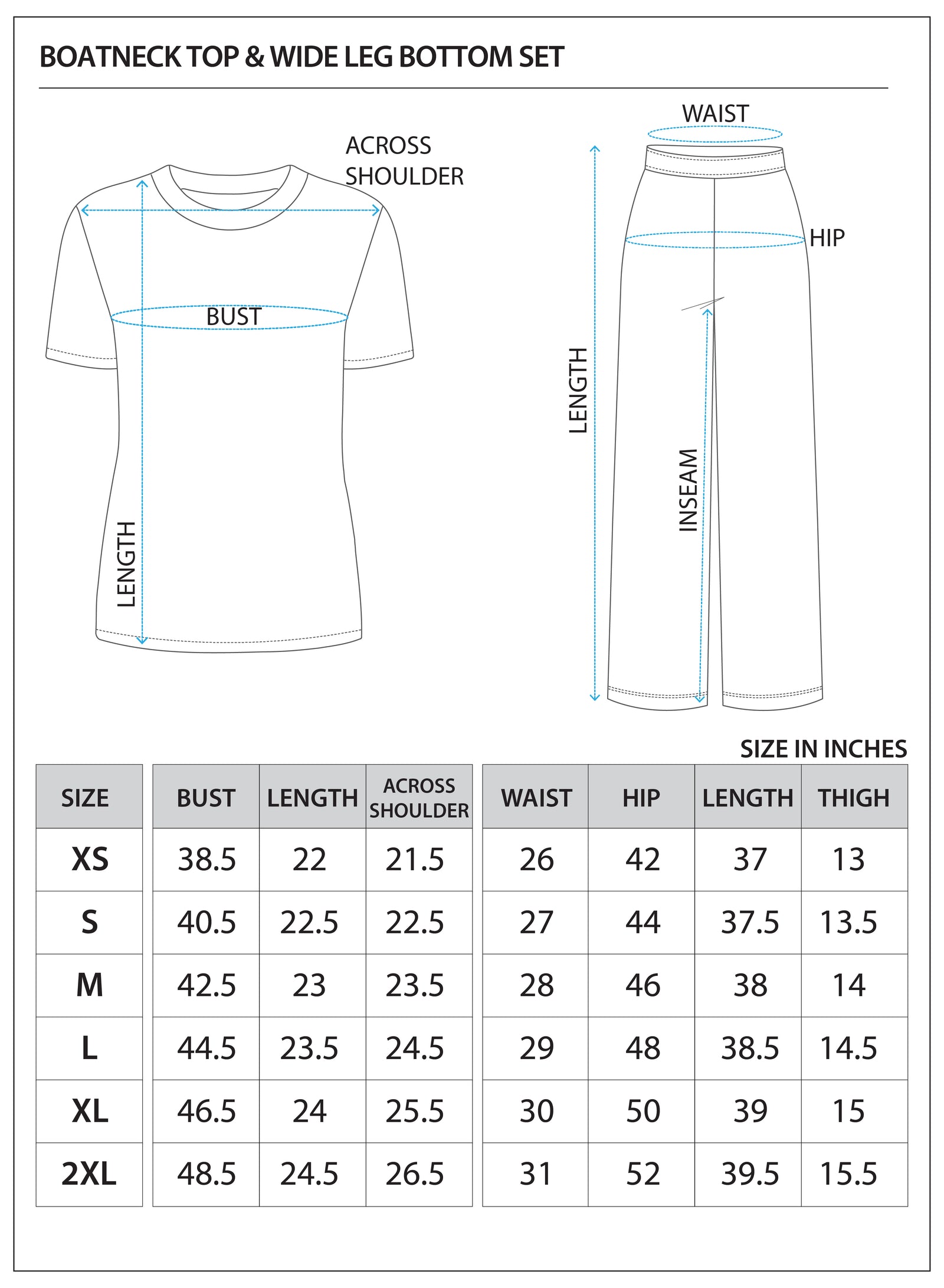 Size chart for BOAT NECK TOP & WIDE LEG BOTTOM SET