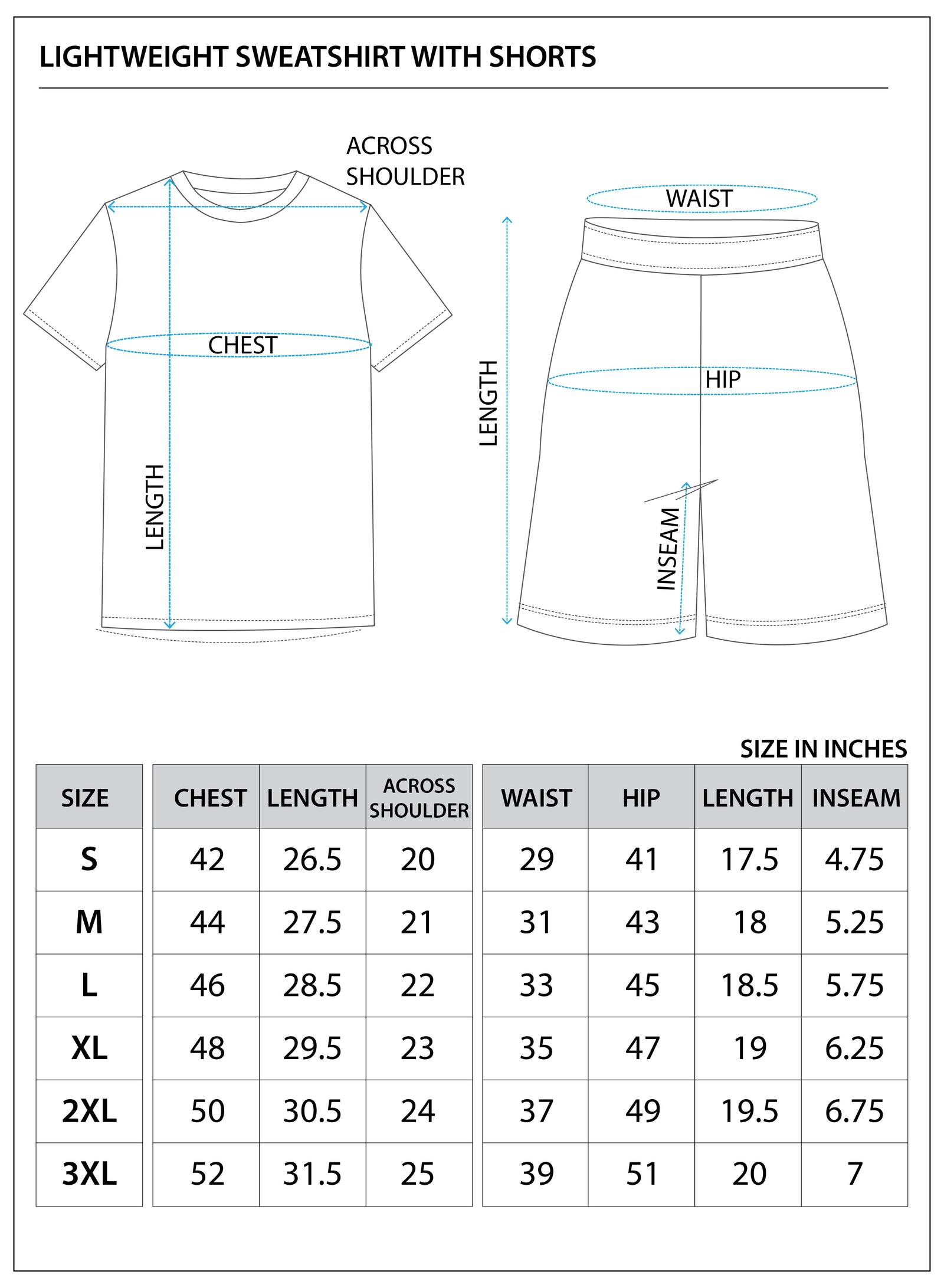 Size chart for Lightweight Sweatshirt with Shorts