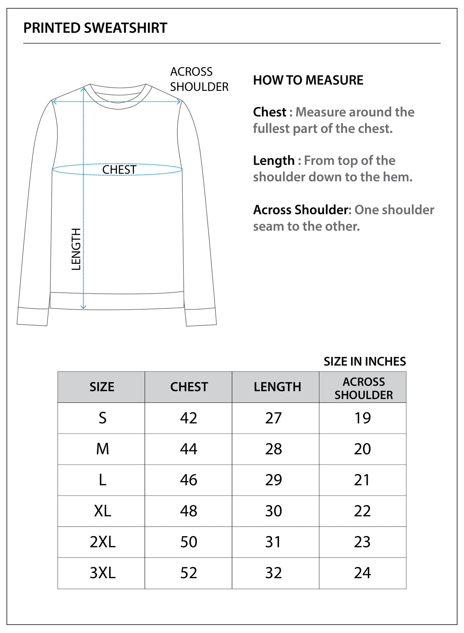 Size chart for Men's Printed Sweatshirt||ONEWAY||
