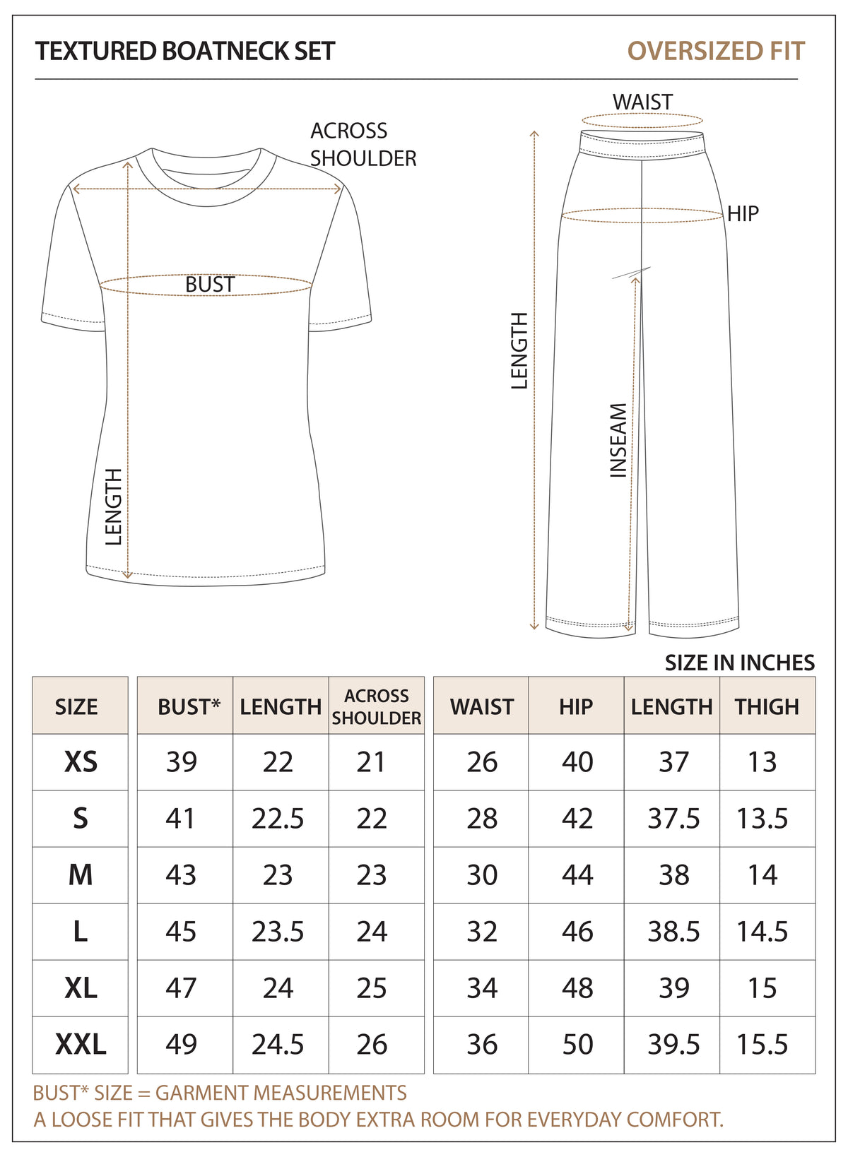 Size chart for Textured Boatneck Set