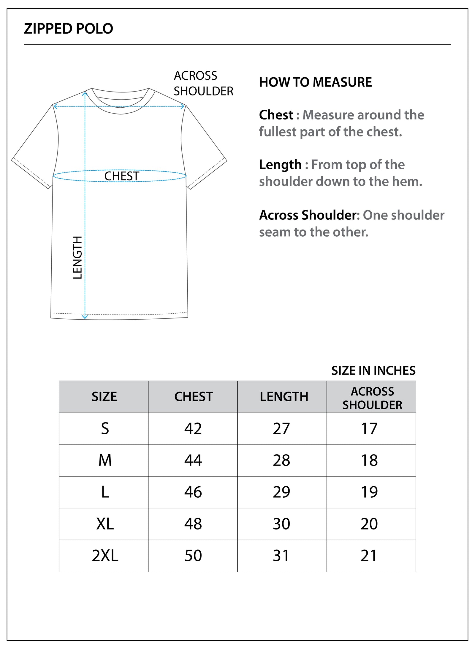 Size chart for ZIPPER POLO