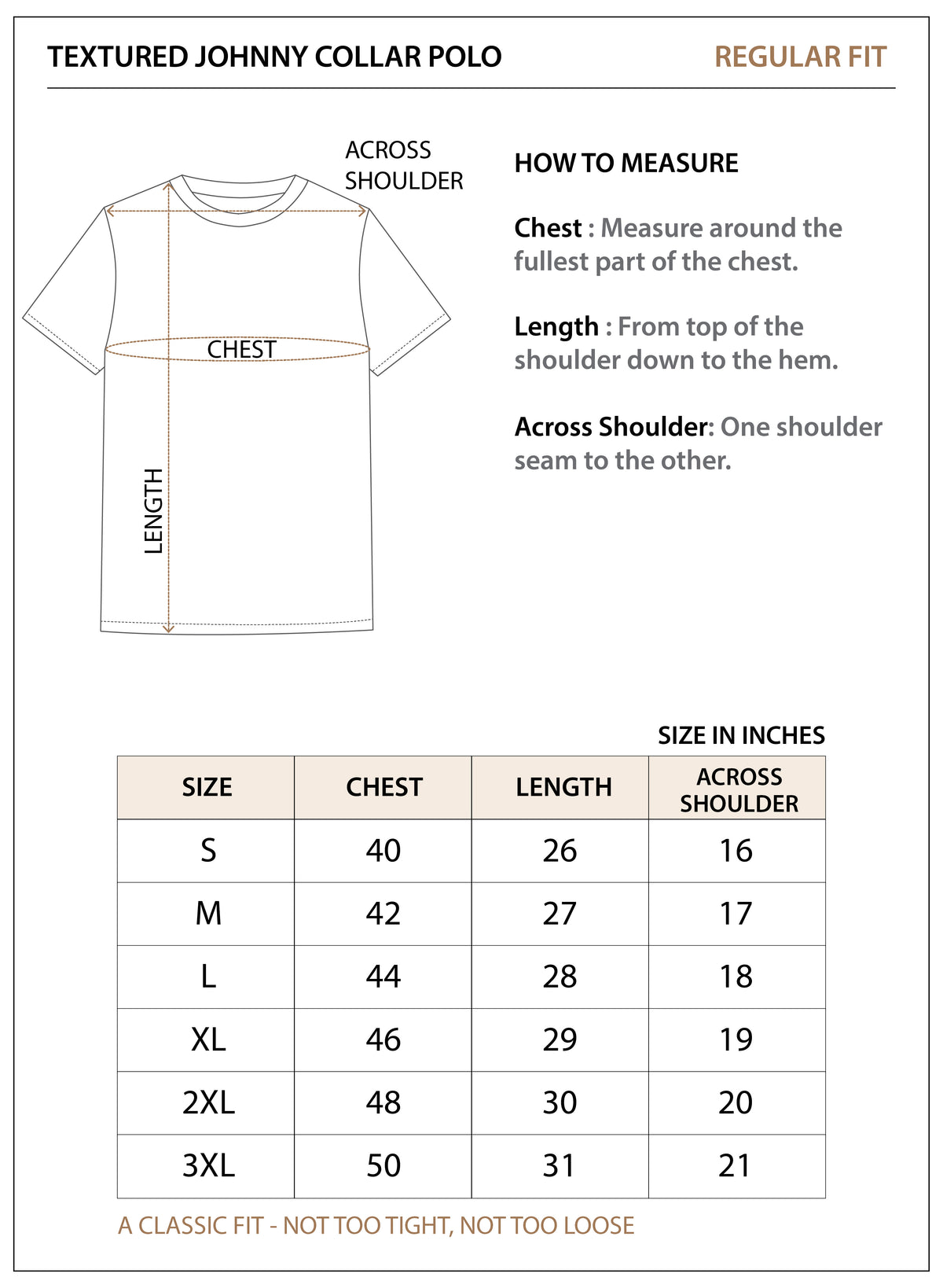 Size chart for Textured Johnny Collar Polo