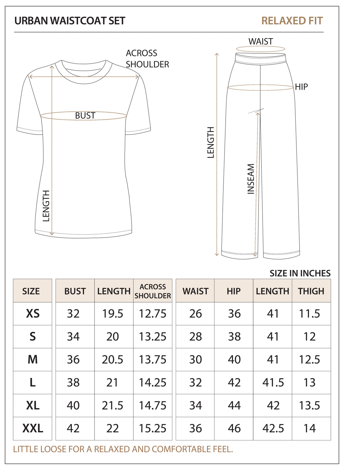 Size chart for Urban Waistcoat Set